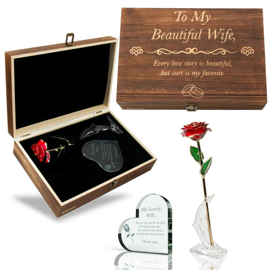Valentines Day Gifts for Her | Anniversary Wife | Women – Engraved Wooden Gift Set 'To My Beautiful Wife' Includes Crystal Engraved Heart | 24K Gold Dipped Rose | Birthday | Valentines Day